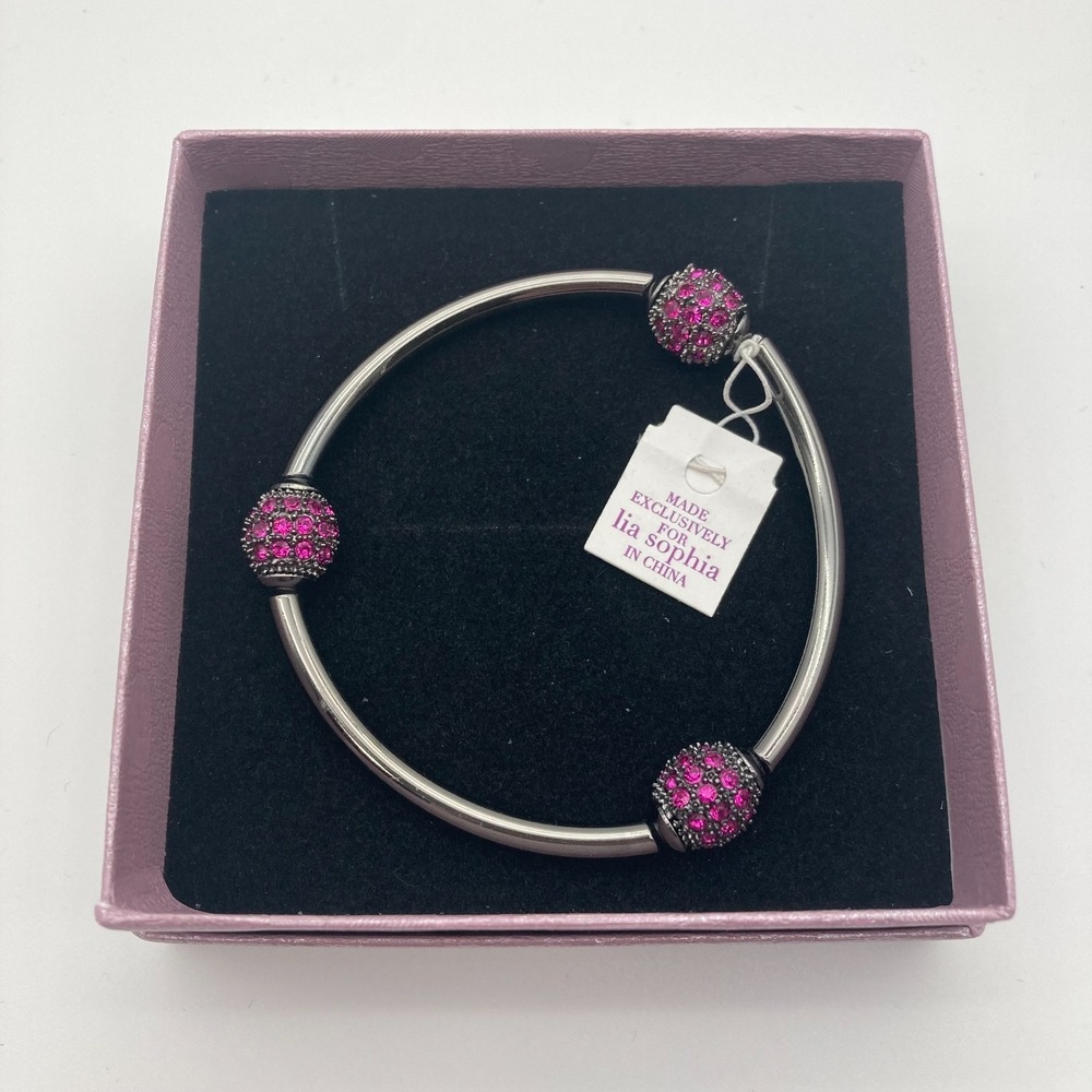 Lia Sophia Fuchsia Pave Fireball Stretch Bracelet Hematite Magenta Crystal